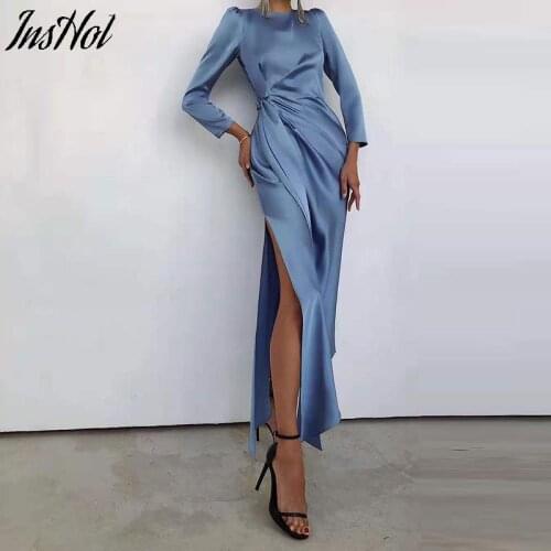 Vintage Satin High Waist Dress Women Elegant Lantern Sleeve Belt Midi Sundress Sexy O Neck Split fork Evening Party Dresses