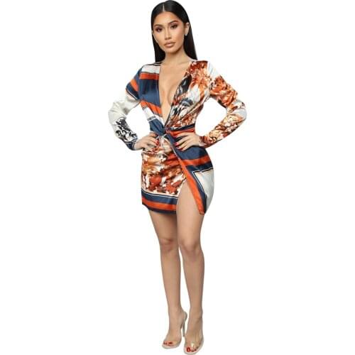 Zoctuo Women Fashion Print Sexy V-neck Dress Full Sleeve Ladies Mini Dress Middle Waist Basic 2020 Summer Party Dress