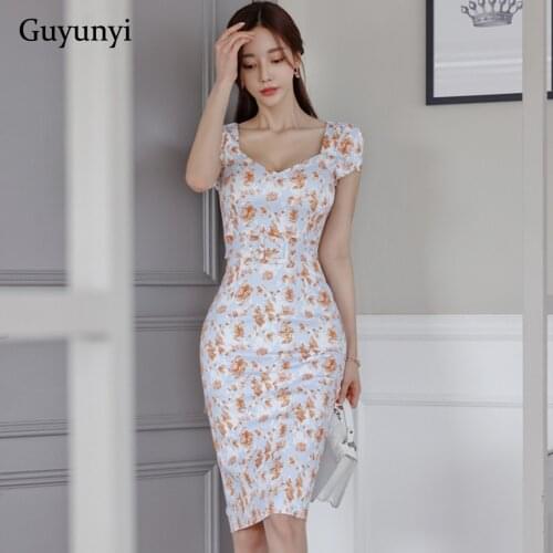 High Waist Tight Dress 2021 Summer Simple Temperament Pencil Office Lady Dress Floral Square Collar Elegant Party Dress Women