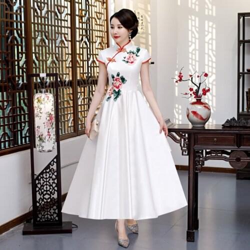Chorus Embroidery Flowers Lady Pleated Dresses Elegant Bride Wedding Party Guest Satin Gown To The Ankle Evening Dress Cheongsam
