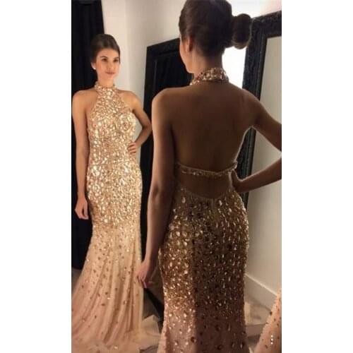 2020 Illusion Halter Mermaid Prom Dresses with RhineStone Long Graduation Dresses Gold Evening Prom Gowns