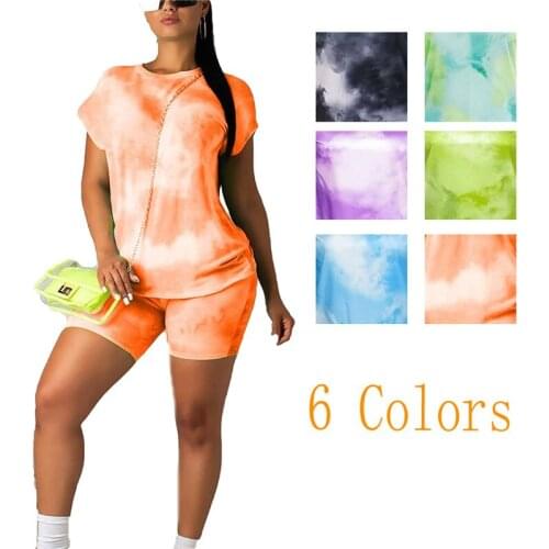 2020 Summer Women Gradient Tie Dye Round Neck Suit Two Piece Set Casual Short Sleeve T-shirt+Shorts Tracksuit Clothes for Women