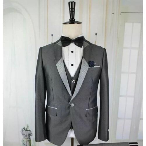 2021 Newest design Dark Grey Satin Trim Peak Lapel Suit Slim Fit One Button Groom Tuxedos Men Wedding Suits(Jacket+Pants+Vest)