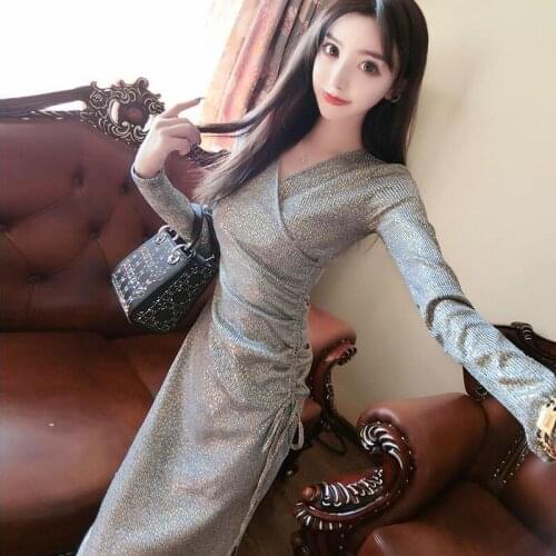 Women 2021 Autumn New Fashion Solid Color V-neck Dresses Female Slim Package Hip Dress Ladies Long Sleeve Split Vestidos V704