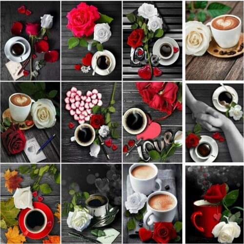 DIY 5D Diamond Painting Cross Stitch Red Rose and Coffee Handicrafts Diamond Embroidery Rhinestones Romantic Wall Sticker Crafts