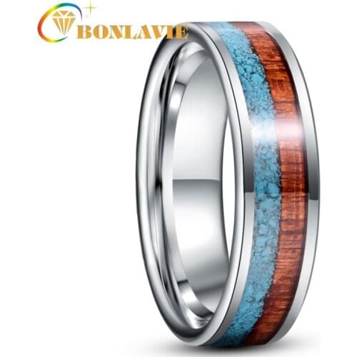 BONLAVIE 6mm Inlaid Turquoise Wood Grain Steel Color Tungsten Carbide Ring Mens Fashion Wedding Jewelry Best Gift