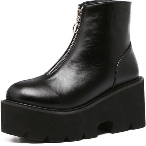 GIGIFOX Brand New Fashion Gothic Style Chunky Heels Platform Black Front Zipper Ankle Boots Street Cool Booties Woman Shoes