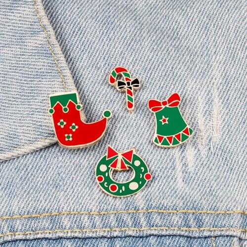 Cute Christmas Brooch Bells Socks Lollipop Candy Donut Enamel Pin Metal Badges Red Green Brooches For Women Men Best Friend Gift