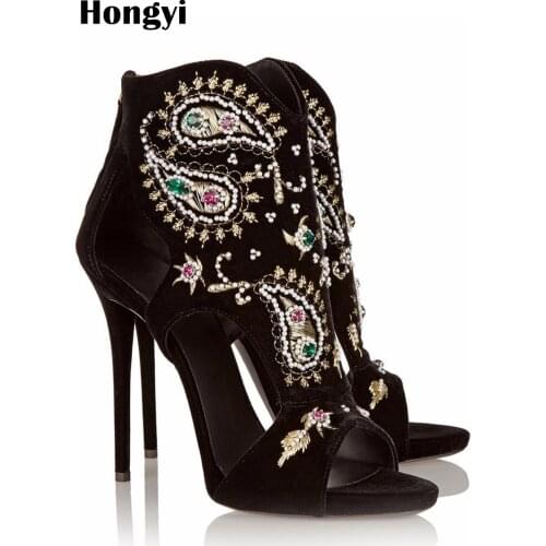 Hongyi Designer Shoes Women Luxury Gemstone Jeweled Gladiator Sandals Black Suede High Heels Woman Ankle Strap Rhinestone Shoes