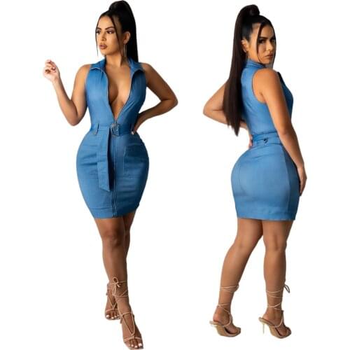 2021 Denim Dress High-end Solid Overalls Mini Dress Tank Sleeve Young Sexy Vestidos for Female Plus Size Dress