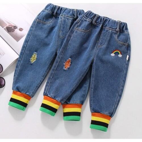 Toddler Kids Jeans Spring New Baby Girls Casual Embroidery Denim Pants Fashion Hole Rainbow Striped Jeans for Boy Child Trousers