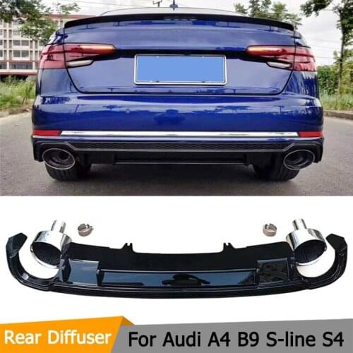 Car PP+Stainless Steel Rear Lip diffuser Rear Bumper and Pipe Exhaust fit For Audi A4 B9 Sline S4 Sedan 2017 2019