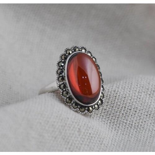 FNJ Vintage MARCASITE Ring 925 Silver Adjustable S925 Solid Silver Rings for Women Jewelry Red Zircon Black Blue Stone