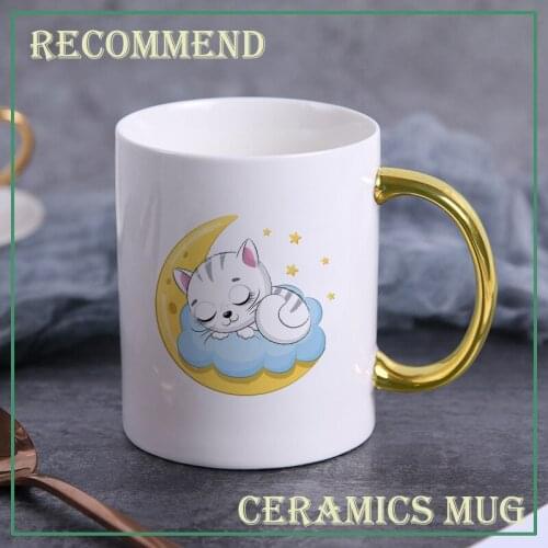 Ceramic Mug Kitten sleeping on the moon Pattern coffee cup Teacup Simple Creative Mugs Gold handle cup KTDW-047