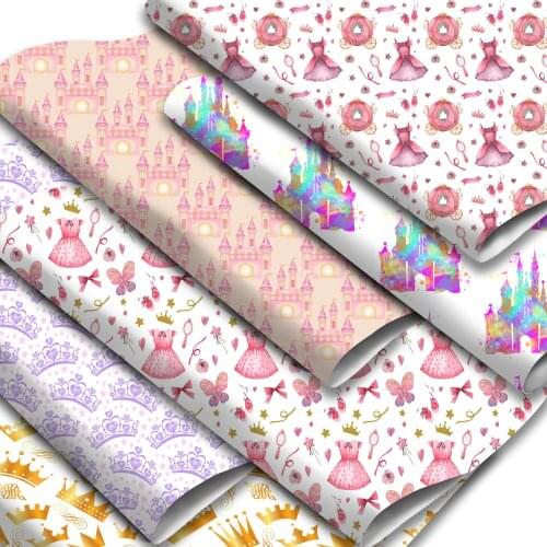 Cartoon Theme Lychee Faux Leather Sheets Princess Crown Printed Synthetic Leather Fabric 20x33cm for DIY Earrings Hair Bows