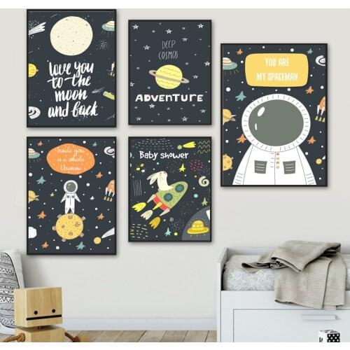 Moon Planet Astronaut Rocket Rabbit Cartoon Wall Art Canvas Painting Nordic Posters And Prints Wall Pictures Kids Room Decor