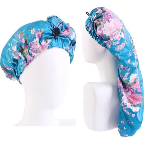 New Satin bonnet Elastic band with button adjustable print long hair cap hair care night sleep cap headcover wrap for women