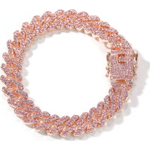 New Fashionh S-Link Miami 12mm Rose Gold Cuban Bracelet Pink Rhinestone Alloy Frozen Hip Hop Fashion Punk Necklace Jewelry