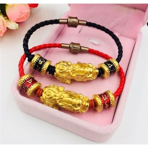 Pixiu Vietnamese Sand Gold Jewelry Brass Gold Plated Jewelry Six-character Mantra Pixiu Bracelet Lovers Leather Bracelet