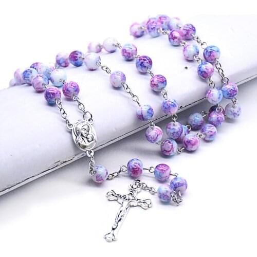 Religious Cross Pendant Rosary Necklace Gradient Purple Round Beads Chian Virgin Mary Jewelry Fashion Choker For women