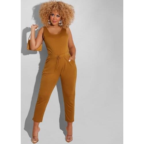 Casual Solid Color Tight Rompers for Women Fitness Waist Drawstring Sleeveless O Neck Jumpsuit Female Bodycon Clubwear Catsuits