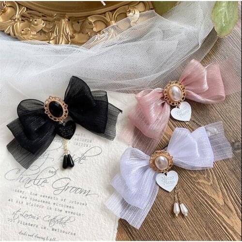 Muliticolor Lolita Bow Lace Hairpin Heart Pendant Headwear Womens Princess Hair Accessories Side Clip D917