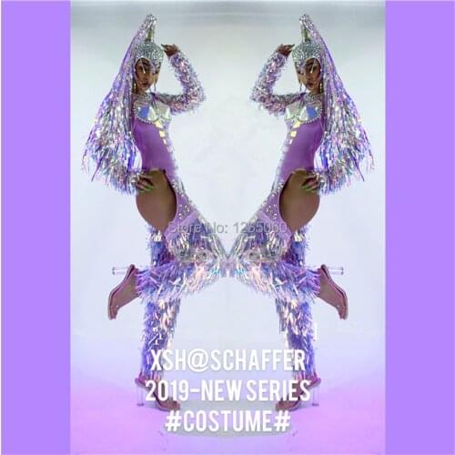 Sexy Lady Dance Team Suit Clothes With Wigs Headdress Nightclub Womens Purple Party Event Super Flash Laser Ballroom Costume