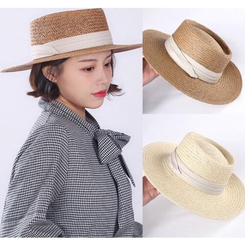 Women Summer Woven Straw Banded Sun Hat Holiday Vacation Flat Wide Brim Sunscreen Casual Outdoor Boater Beach Jazz Cap