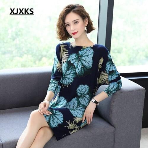 XJXKS Autumn Winter Oversized Clothing Womens Sweaters Print Wool Knitwear Batwing Sleeve slash Neck Ropa Mujer Long Sweater