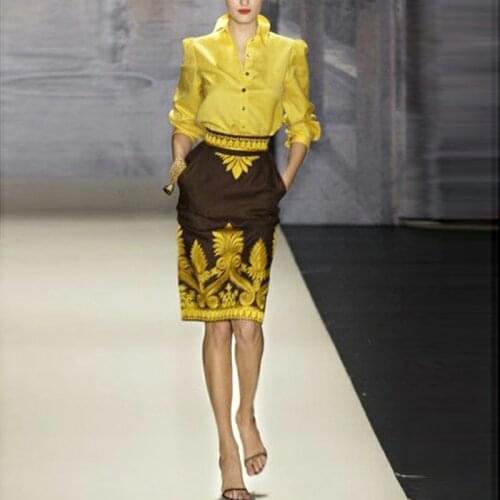 New High Quality Autumn Casual Party Workplace Yellow Shirt Print Pencil Half Skirt Vintage Elegant Chic Two Piece Womens Sets