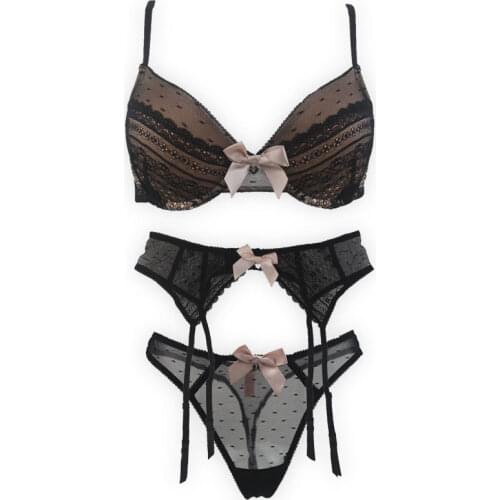 New Black Lace Sexy Thin Bra Thone Garter Belt 3pcs Set for Female/Girl/Lady, Fashion High Quality Lingerie Womens Underwear