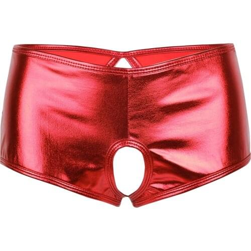 Women Underwear Lingerie Crotchless Open Panties Shiny Metallic Leather Booty Shorts Sexy Chastity Brief Underwear Underpants
