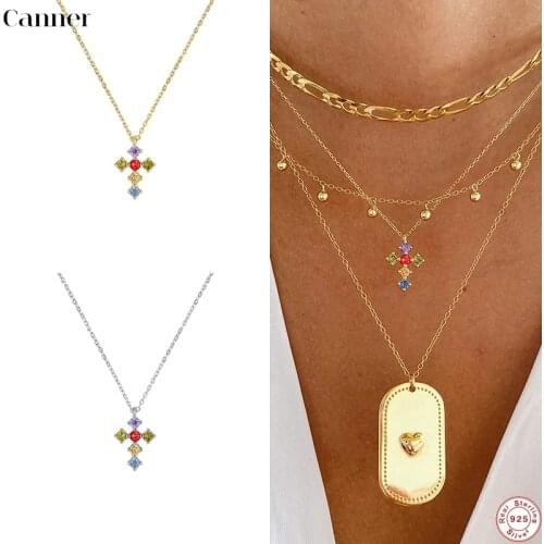 Canner 925 Sterling Silver Pendant Necklaces CZ Colorful Cross Chains Necklace For Women Birthday Party Gifts Collares Mujer W5