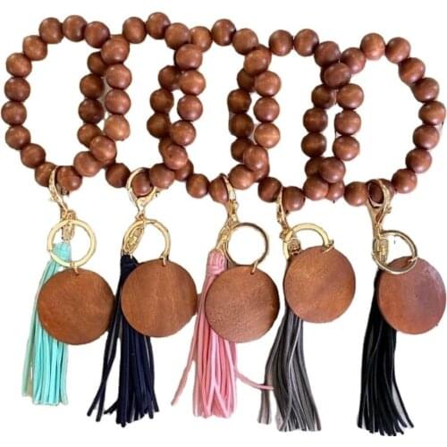 2021 Wooden Beads Keychain with Tassel Colored Beads Bracelet Fashion Key Keyrings Exaggerated Round Wood Beads Keyring Couple