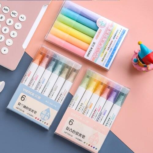 6pcs Stationery Highlighters Set Key Markers Pen For Drawing Sketching Markers Kawaii Cute Color Pens School Office Art Supplies