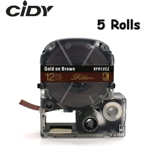 CIDY 5pcs Satin Ribbon 12mm*5m Gold on Brown label tape SFR12CZ Christmas Wedding Decorative Gift Wrapping Belt for LW300 LW400