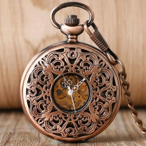 Vintage Rose Gold Mens Pocket Watch Skeleton Movement Victorian Carving Flower Design Hand Wind Hollow Mechanical Nursing Watch