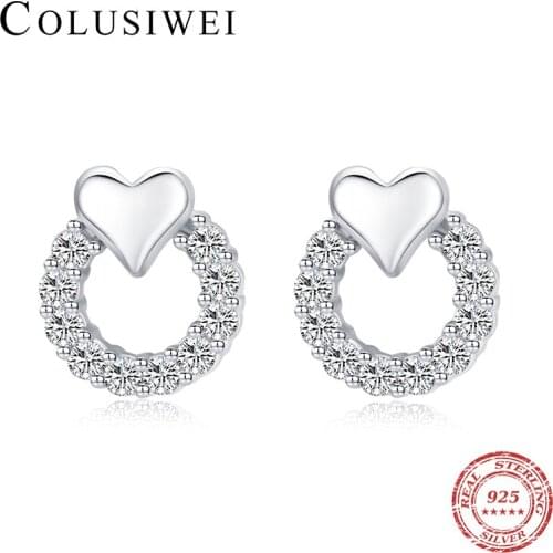 COLUSIWEI Romantic 925 Sterling Silver Bright Zirconia Circle with Heart Stud Earring for Women Wedding Engagement Party Jewelry