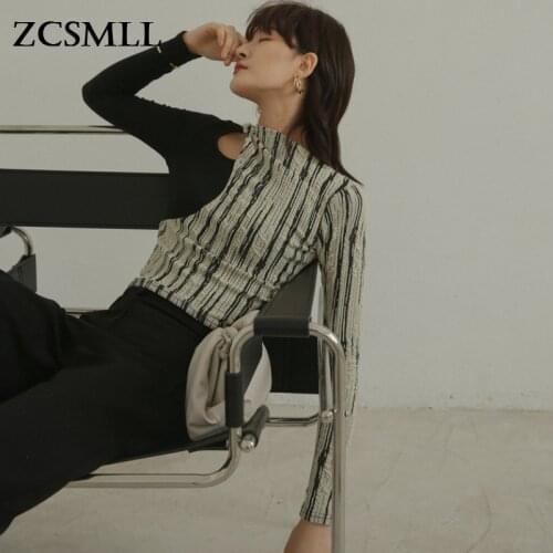 ZCSMLL Designer T Shirt for Women Sexy Hollow-Out Ladies Tshirts Patchwork Long Sleeve Tee Femme Top Underwear Womens Clothing