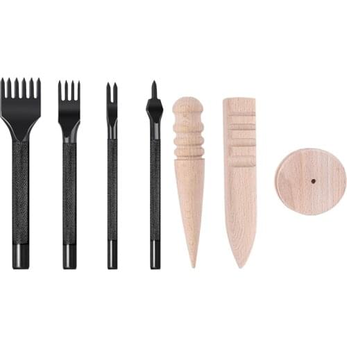 HLZS-Leather Hole Punch Tool,Leather Chisel 4 mm 1/2/4/6 Prong, Leather Craft Kits with 3 Wooden Burnisher for Leather Work