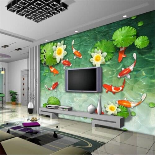 Chinese Style Feng Shui Nine Fish Figure Lotus Lotus TV Background Wall Paper Living Room Sofa Seamless Wallpaper Custom Mural