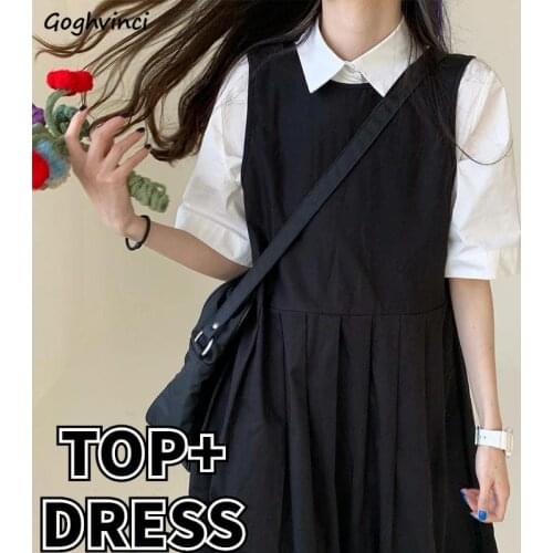 Dress Sets Women Harajuku Drawstring Solid High Street Turn Down Collar Preppy Shirts Reversible Females Dresses Gothic Chic