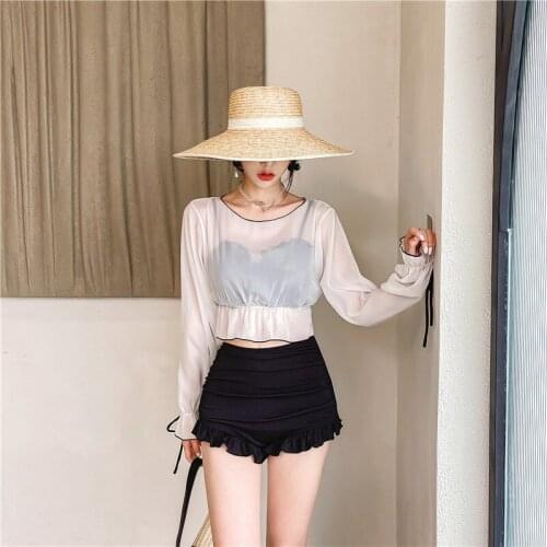 Korean split sexy three-piece swimsuit women small chest gathered high waist bikini + sunscreen blouse