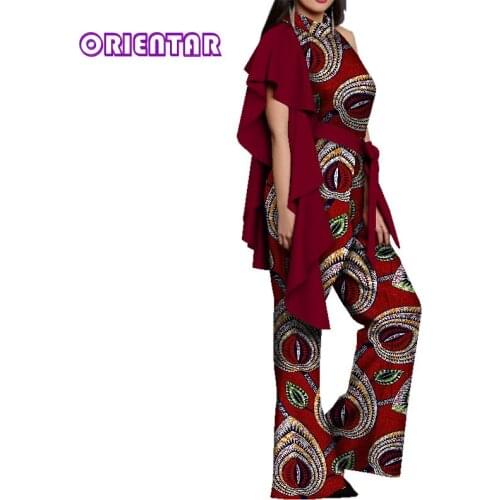 Fashion African Jumpsuits for Women Bazin Riche Cotton Ruffles Sleeve Wide Leg Pants Romper with Belt African Clothes WY5583