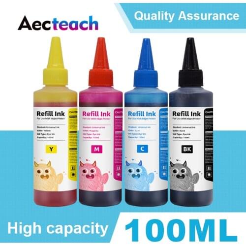 Aecteach Printer Dye Ink Refill Kit 100ML Bottle for Epson For HP for Canon For Brother Ciss Tank and Ink Cartridge 4Color Paint