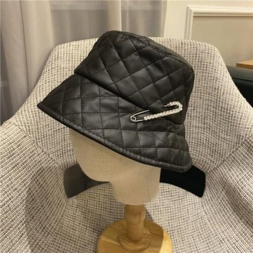 Autumn Winter Hat Women Diamond-studded Fisherman Hat Korean Version Wild Pu Soft Leather Punk Pin Bucket Hat Designer