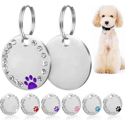 Personalized Dog Tags Paw Rhinestone Pet Cat ID Name Tag Engraved Free Hair Bows Pet Accessories