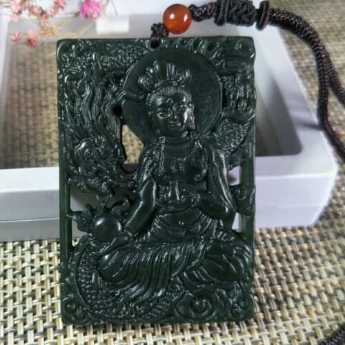 Natural Hetian Jade Dragon GuanYin Jade Pendant Jewelery Lucky Exorcise Evil Spirits Auspicious Amulet Jade Pendan Fine Jewelery