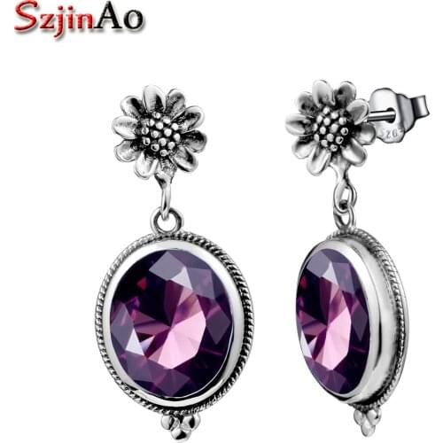 Szjinao Luxury Bridal Handmade Earring Vintage 925 Sterling Silver Oval Amethyst Drop Earrings for Women Wedding Jewelry