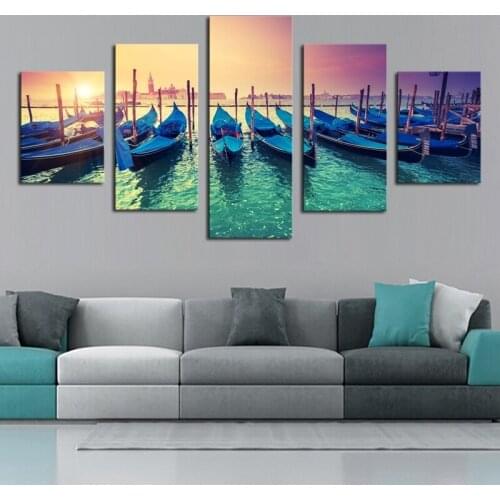 5 Panel Modern Boat Painting Yacht Harbor Port Canvas Art Oil Painting Sunset Cuadros Picture For Living Room Decor